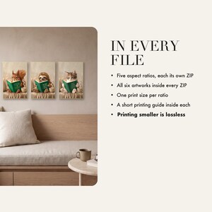 What is in every file: a photo of three framed prints above a daybed beside a contents list, five ratio zips, all six artworks in each, one print size per ratio, a printing guide inside each, and lossless printing at smaller sizes