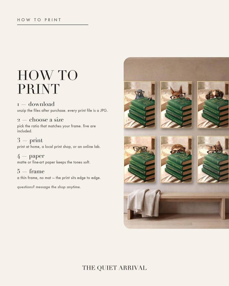 How to print card: download and unzip, choose the ratio that fits your frame, print at home or at a print shop, and framing and paper tips.