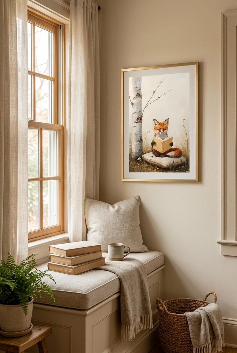 Framed print of a red fox reading a book, hung above a linen window seat with a stack of books, a mug and a fern in a bright neutral reading nook