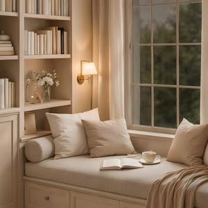 Close-up detail of reading nook wall art printable showing window seat with pillows and book, neutral cozy library decor