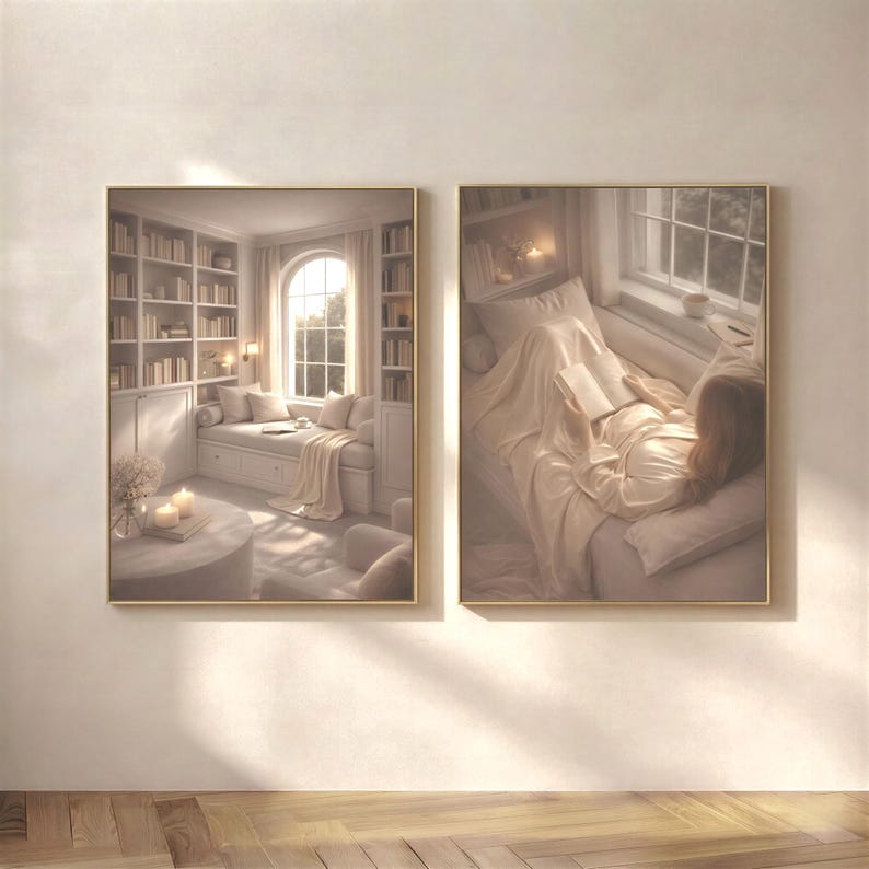 Two minimalist wall art prints in slim gold frames on a white wall above herringbone oak flooring. A library window seat and a woman reading, hung as a beige wall art pair for a reading nook.
