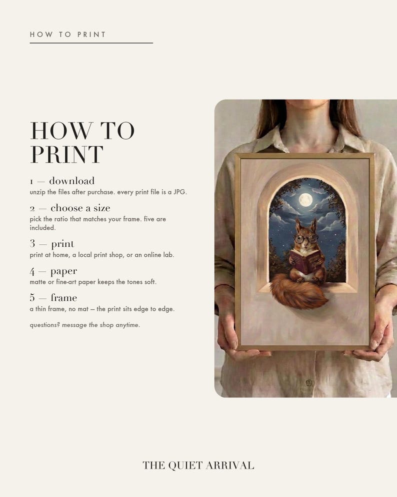 How to print card: download and unzip, choose the ratio that fits your frame, print at home or at a print shop, and framing and paper tips.