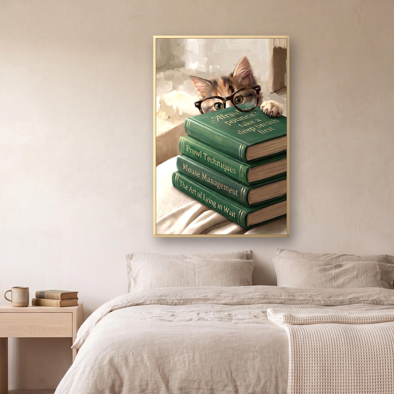 The framed cat peeking over books print above a bed made up in rumpled oatmeal linen with a waffle blanket folded across it, beside a pale oak nightstand holding a mug and two stacked books.
