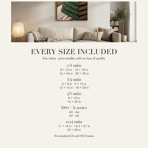 Insert card showing the five printable ratios and exact inch and ISO sizes included in this digital download