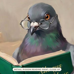 Close up of the pigeon in round glasses, showing the painted brushwork