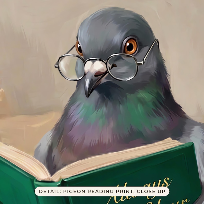 Close up of the pigeon in round glasses, showing the painted brushwork