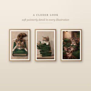 Three framed cat reading prints shown close up to show the soft painterly brushwork, with a calico cat in glasses resting on green hardback books.