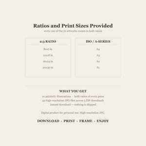 Chart of the ratios and print sizes provided: 2 to 3 for 8x12, 12x18, 16x24 and 20x30 inch frames, and ISO A-series for A4, A3, A2 and A1. 21 illustrations, 42 JPG files across 5 ZIP downloads, instant download.
