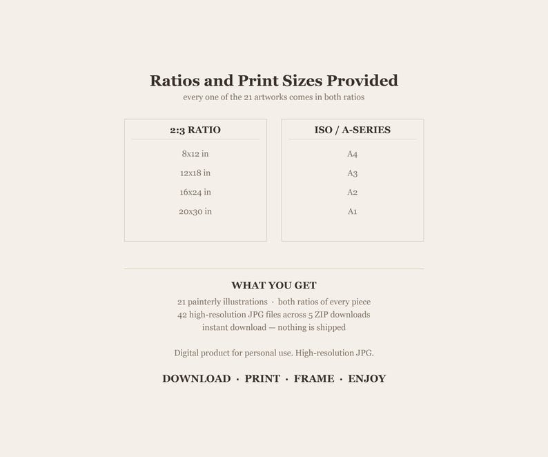 Chart of the ratios and print sizes provided: 2 to 3 for 8x12, 12x18, 16x24 and 20x30 inch frames, and ISO A-series for A4, A3, A2 and A1. 21 illustrations, 42 JPG files across 5 ZIP downloads, instant download.