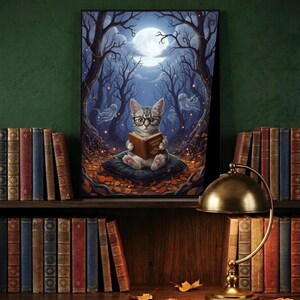 The kitten and ghosts ghost reading print framed and leaning on a dark wood library shelf against a deep green wall