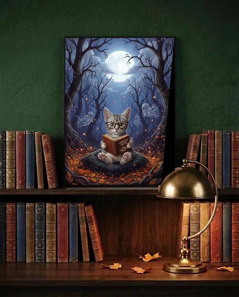 The kitten and ghosts ghost reading print framed and leaning on a dark wood library shelf against a deep green wall