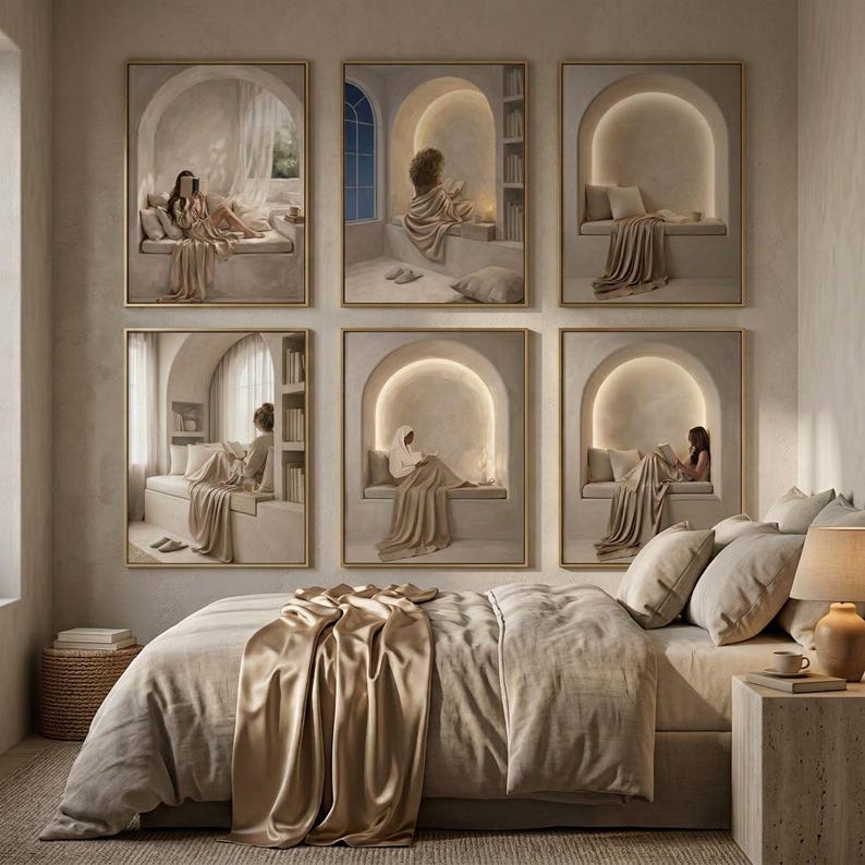 Six framed reading nook art prints above a bed layered in cream and beige linen, with a ceramic lamp, woven basket and soft morning light.