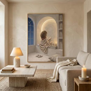 Same woman reading nook art in a calm light-filled living room with warm plaster walls and a thin gold frame, no mat.