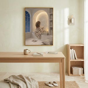 Neutral woman reading nook art in a restrained workspace with pale walls, natural linen textures, and a thin gold frame, no mat.