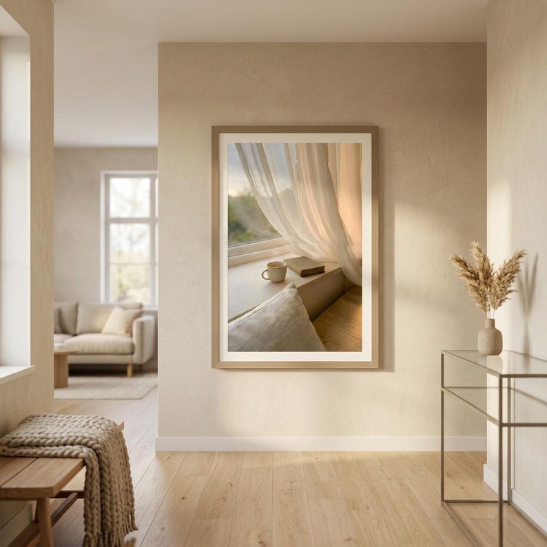 Window seat wall art print mockup with book and coffee on sunlit ledge, sheer beige curtains, Japandi slow living decor, neutral home interior, digital printable, minimalist Scandinavian design, cozy reading nook