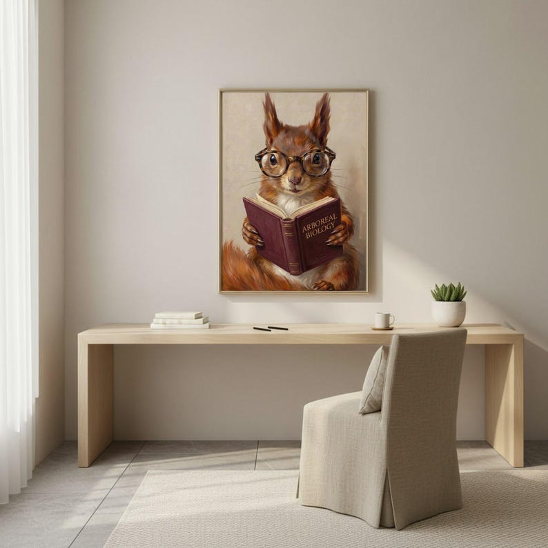 Painterly print of a red squirrel in round tortoiseshell glasses reading a wine-red book framed above a pale wooden desk and chair beside a bright curtained window