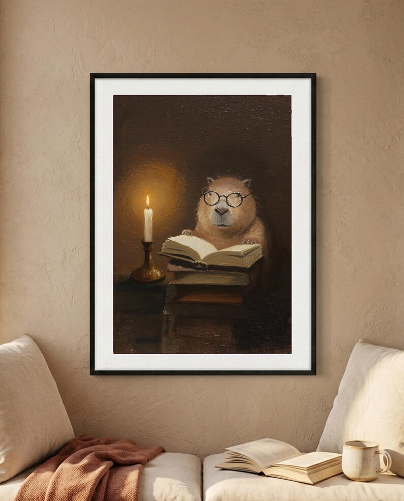 Framed print of a capybara in round wire-rimmed glasses reading by candlelight, hung above a cushioned window seat with an open book and a stoneware mug on the linen cushions.