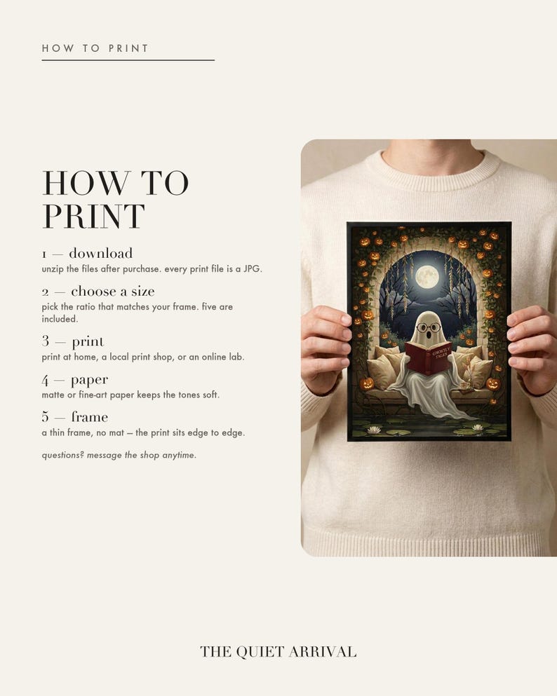 How to print card: download and unzip, choose the ratio that fits your frame, print at home or at a print shop, and framing and paper tips.