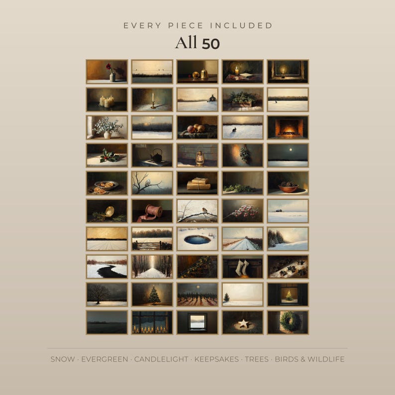 Contact sheet showing all fifty vintage Christmas artworks in the set, arranged in a grid on a cream background