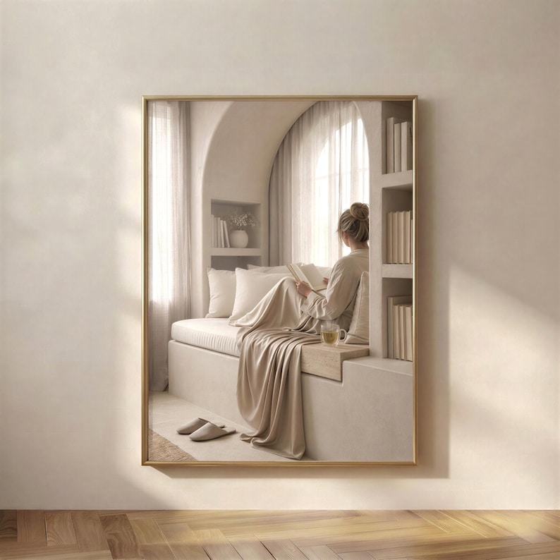 Framed print of a person reading under a blanket on a window-seat bench inside a plaster arch lined with books, hung on a warm plaster wall above a pale oak herringbone floor. neutral printable wall art, minimalist home decor, Japandi style, calm living room and bedroom decor, slow living digital download.
