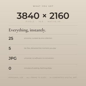 What you get: 25 artworks at 3840 by 2160 pixels in 16:9, delivered as 5 zip files of JPGs the moment you pay, for personal use on every Frame TV size
