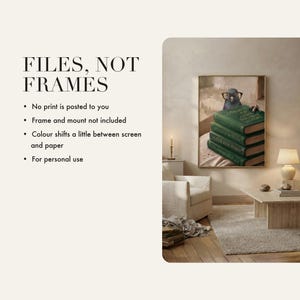Detail insert card showing the Afraid to Fly? print framed on a warm plaster wall
