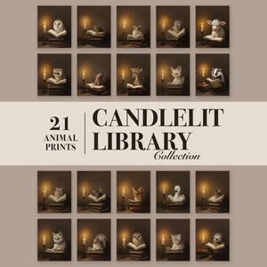 Grid of 21 candlelit library animal prints with a band reading 21 Animal Prints, Candlelit Library Collection