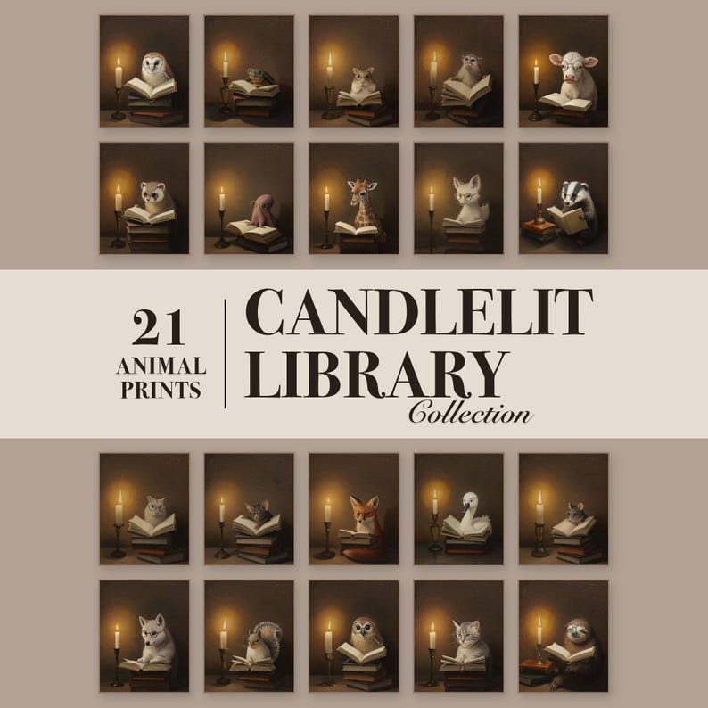 Grid of 21 candlelit library animal prints with a band reading 21 Animal Prints, Candlelit Library Collection