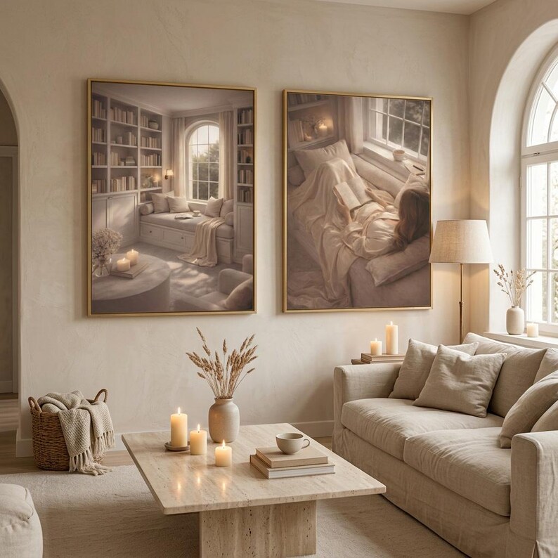Two gold framed prints of a library nook and a woman reading, on a plaster wall above a linen sofa with lit candles on a travertine table and an arched window. Beige wall art in a warm living room.