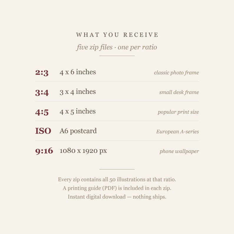 What you receive card listing five zip files, one per ratio: 2:3 at 4 by 6 inches, 3:4 at 3 by 4 inches, 4:5 at 4 by 5 inches, ISO A6 postcard, and 9:16 at 1080 by 1920 pixels.