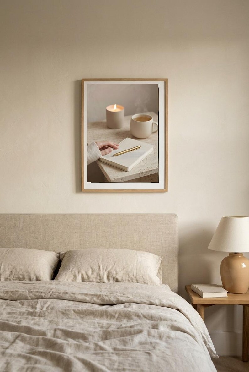 Evening journal ritual wall art printable above linen bed with warm lamplight, neutral beige bedroom decor mockup
