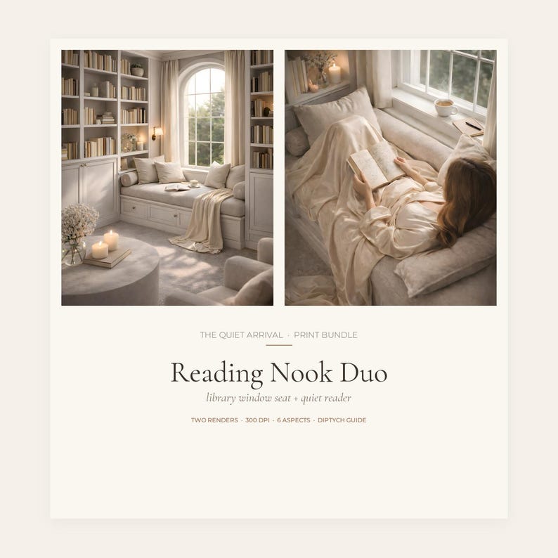 Reading Nook Duo bundle cover: two beige wall art scenes side by side, a library window seat and a woman reading in bed, labelled two renders, six aspect ratios and a diptych guide.