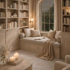 Reading nook wall art printable full view of arched window with bookshelves and seat, neutral japandi digital download