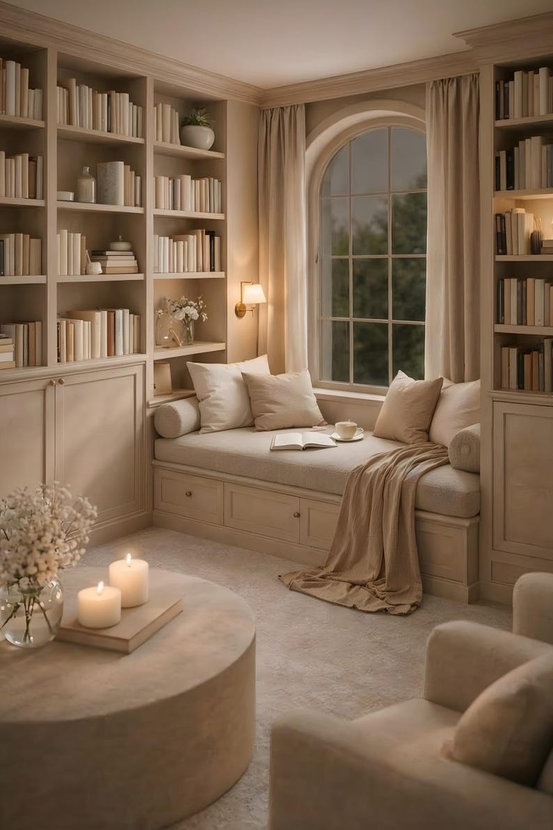 Reading nook wall art printable full view of arched window with bookshelves and seat, neutral japandi digital download