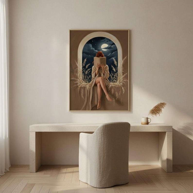 The moonlit reading print framed above a restrained pale desk beside a soft armchair