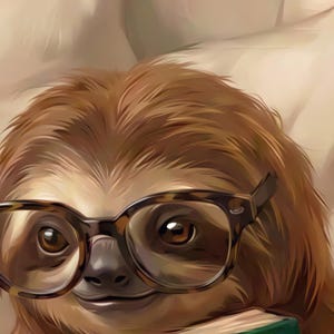 Close-up detail from Sloth Reading Wall Art, a cropped fragment of the printable artwork showing the painted texture, soft light and colour up close.