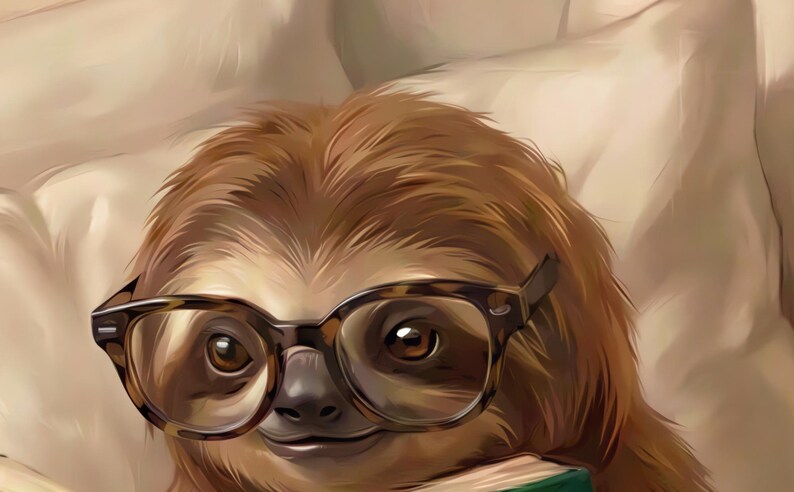 Close-up detail from Sloth Reading Wall Art, a cropped fragment of the printable artwork showing the painted texture, soft light and colour up close.