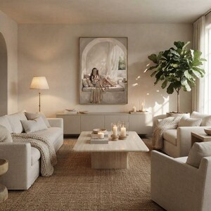 Same woman reading nook art in a calm light-filled living room with warm plaster walls and a thin gold frame, no mat.