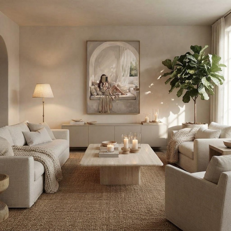 Same woman reading nook art in a calm light-filled living room with warm plaster walls and a thin gold frame, no mat.