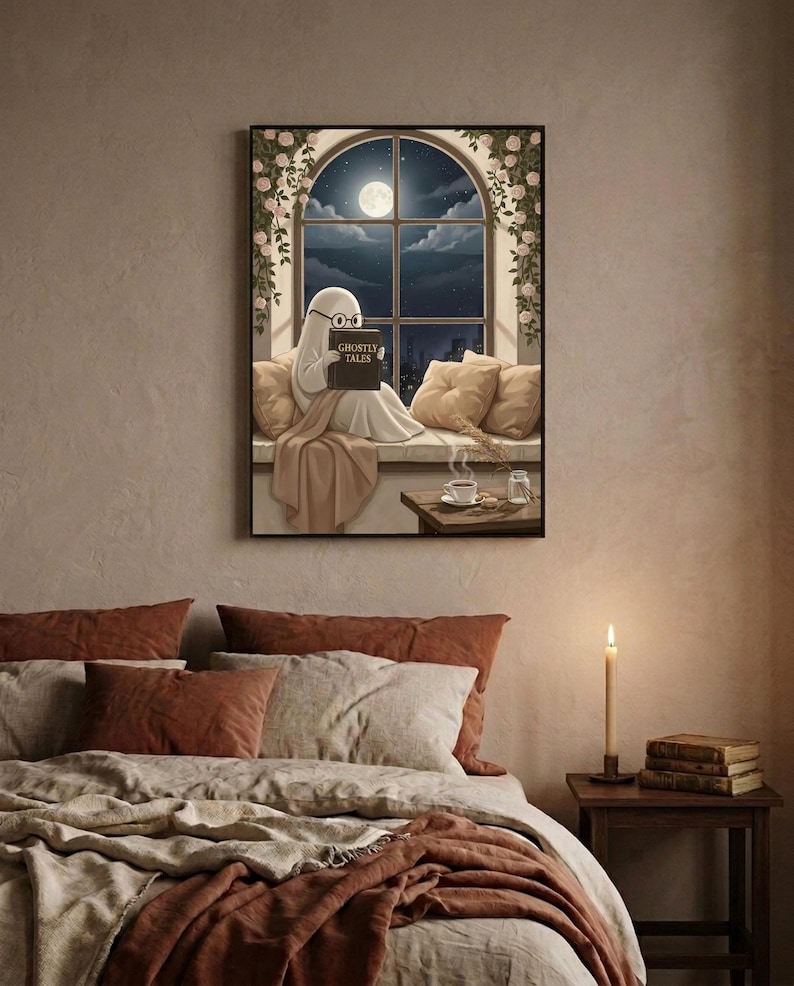 The window seat coffee ghost reading print framed above a bed with linen bedding and a lit candle on the nightstand