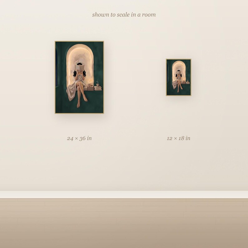 Scale comparison showing the woman with long straight dark hair reading in an emerald green arched nook art print at 24x36 inches next to 12x18 inches on a wall.
