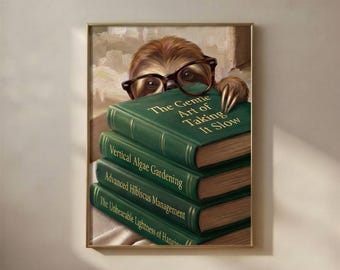 Luiaard die over boeken heen gluurt | Grappige muurdecoratie met boekenthema | Printbare digitale download voor een leeshoekje