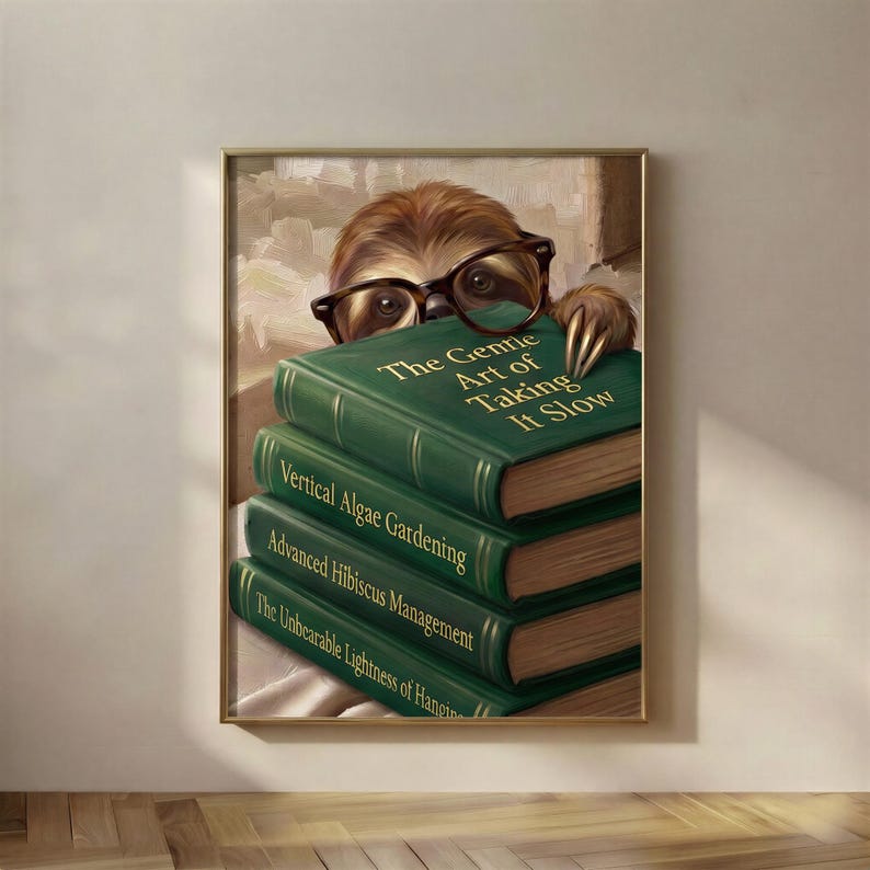 Painterly print of a calm brown sloth with round glasses peeking over a stack of books titled The Gentle Art of Taking It Slow, framed on a warm plaster wall