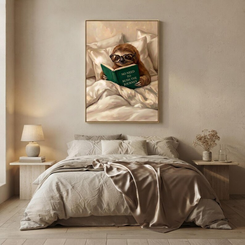 The framed sloth print above a bed with linen bedding and a taupe throw, beside a lamp and a small vase of dried flowers