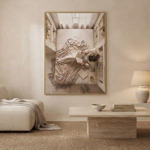 The quiet night in print framed as the focal point of a calm neutral interior. neutral printable wall art, minimalist home decor, Japandi style, calm living room and bedroom decor, slow living digital download.