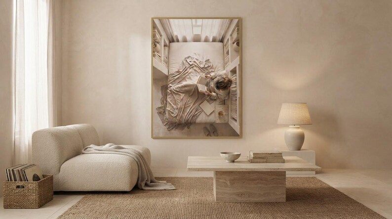 The quiet night in print framed as the focal point of a calm neutral interior. neutral printable wall art, minimalist home decor, Japandi style, calm living room and bedroom decor, slow living digital download.