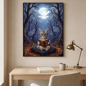 The kitten and ghosts ghost reading print framed above a pale oak desk with a stoneware mug and a brass lamp