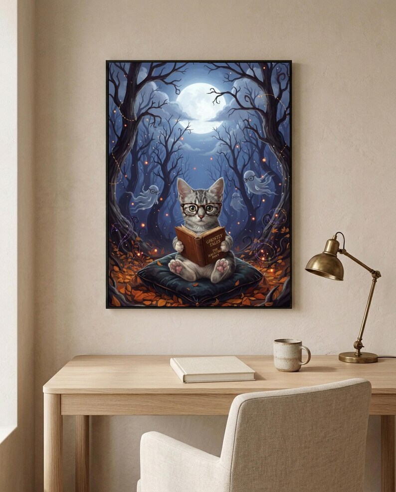 The kitten and ghosts ghost reading print framed above a pale oak desk with a stoneware mug and a brass lamp