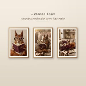Three framed squirrel reading prints shown larger so the soft painterly detail is visible