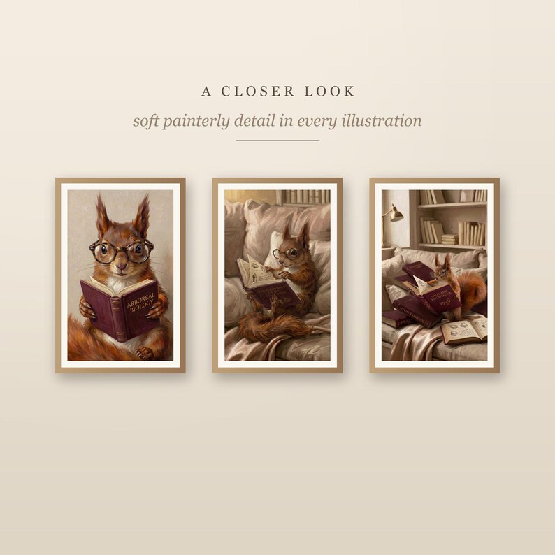 Three framed squirrel reading prints shown larger so the soft painterly detail is visible